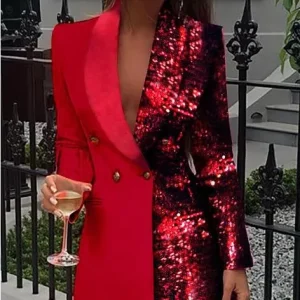 test_Women's Suit Skirt Casual Turndown Sequins Patchwork Long Sleeve Solid Color Above Knee Daily