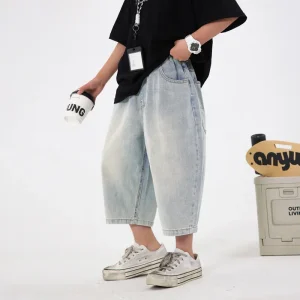 test_Boys Summer Ice Silk Straight Leg Soft Denim Jeans Thin Loose Kids Trousers Pure Color Cotton Pants New Style Mid Waist