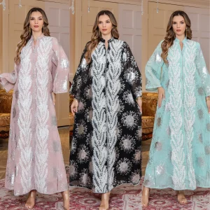 test_Muslim Women Abaya Embroidery Kaftan Dubai Dress Arabic Clothing Long Sleeve Stand Collar Polyester Fabric