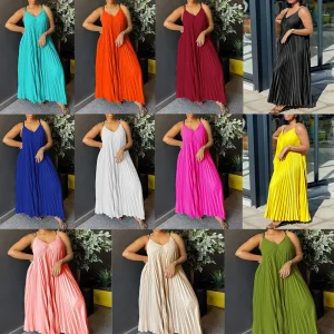 test_Elegant Solid Color Sleeveless Dress With V Neck Featuring Folds Detail