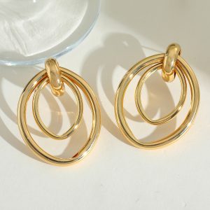 test_1 Pair Elegant Retro Exaggerated Geometric Oval Copper 18K Gold Plated Ear Studs