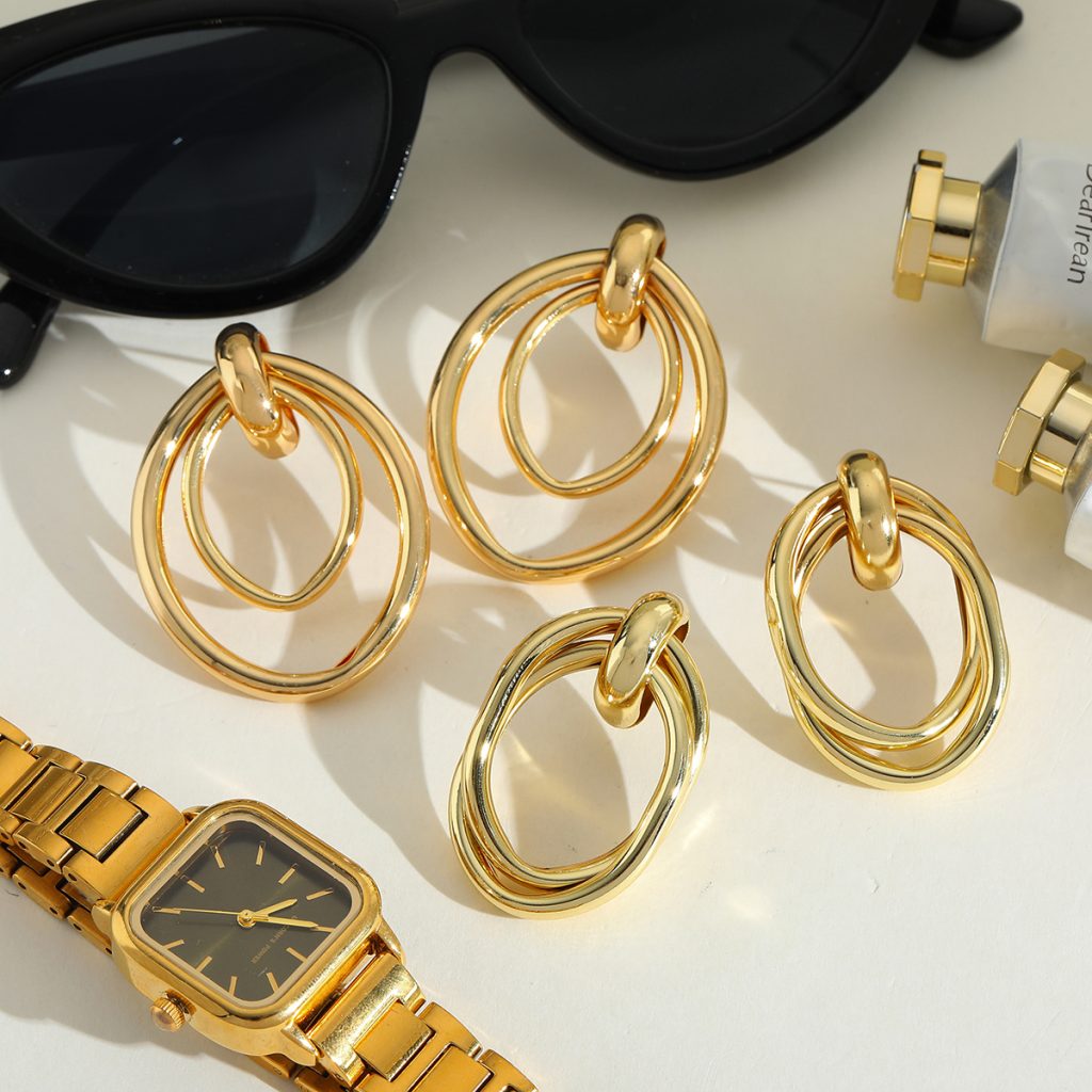 test_1 Pair Elegant Retro Exaggerated Geometric Oval Copper 18K Gold Plated Ear Studs