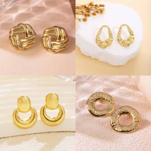 test_1 Pair French Style Classic Style Geometric Round Hollow Out 304 Stainless Steel Imitation Gold  Ear Studs