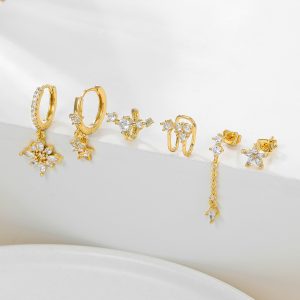 test_1 Set Elegant Simple Style Four Leaf Clover Star Copper Zircon Drop Earrings Ear Studs