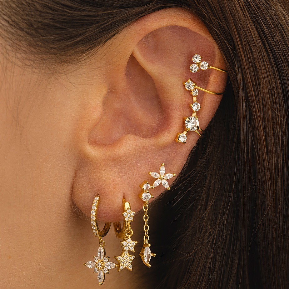 test_1 Set Elegant Simple Style Four Leaf Clover Star Copper Zircon Drop Earrings Ear Studs