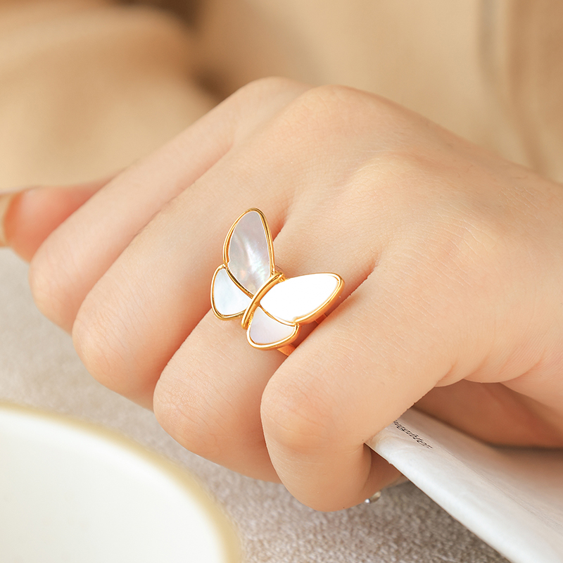 test_Wholesale Jewelry Elegant Romantic Commute Lines Butterfly 304 Stainless Steel Pearl Shell 14K Gold Plated Inlay Open Rings