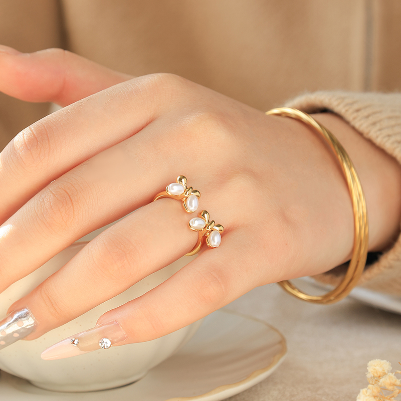 test_Wholesale Jewelry Elegant Romantic Commute Lines Butterfly 304 Stainless Steel Pearl Shell 14K Gold Plated Inlay Open Rings