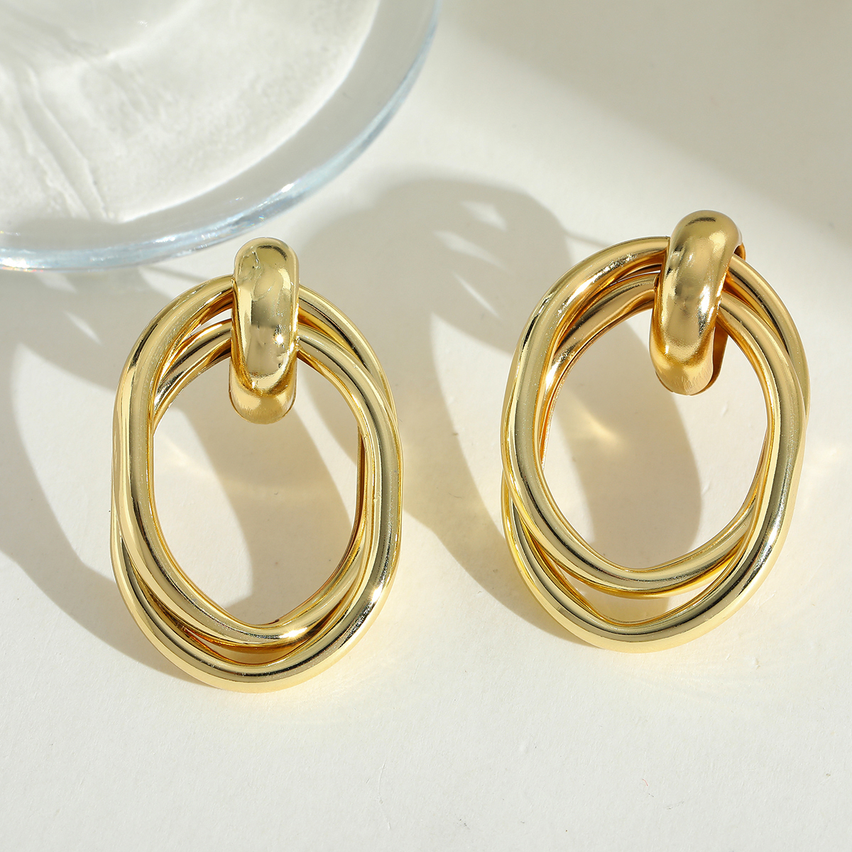 test_1 Pair Elegant Retro Exaggerated Geometric Oval Copper 18K Gold Plated Ear Studs