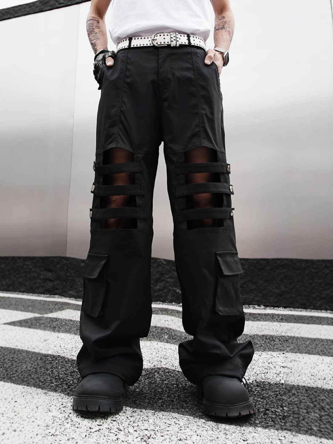 test_High Street Heavy Industry Overalls Men’s Ribbon Rivet Punk Waste Soil Dark Straight Wide-Leg Pants Function Pants