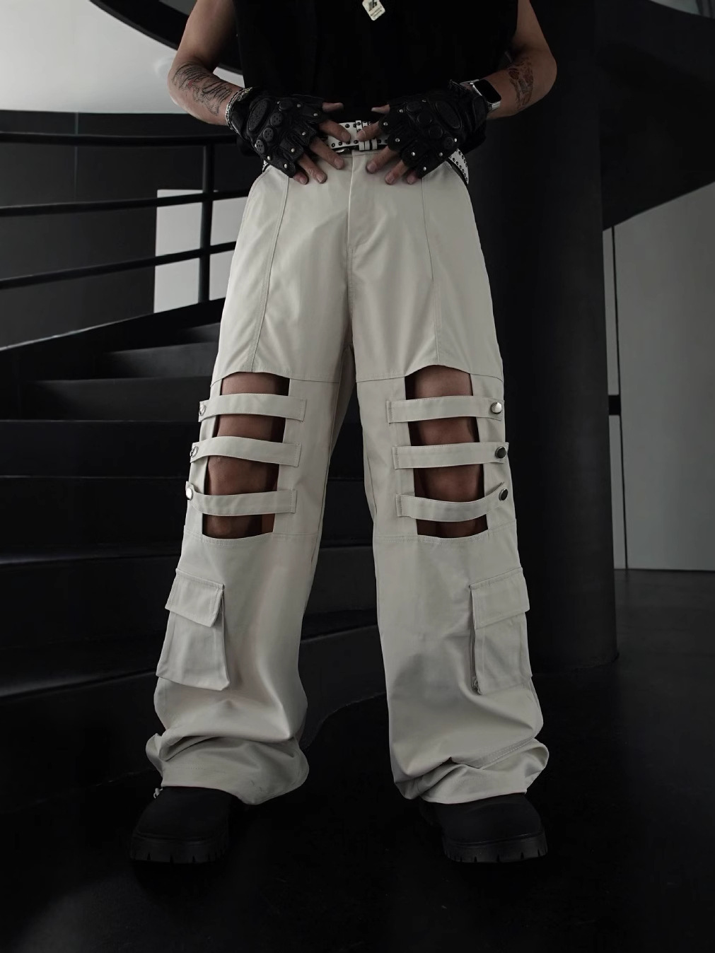 test_High Street Heavy Industry Overalls Men’s Ribbon Rivet Punk Waste Soil Dark Straight Wide-Leg Pants Function Pants