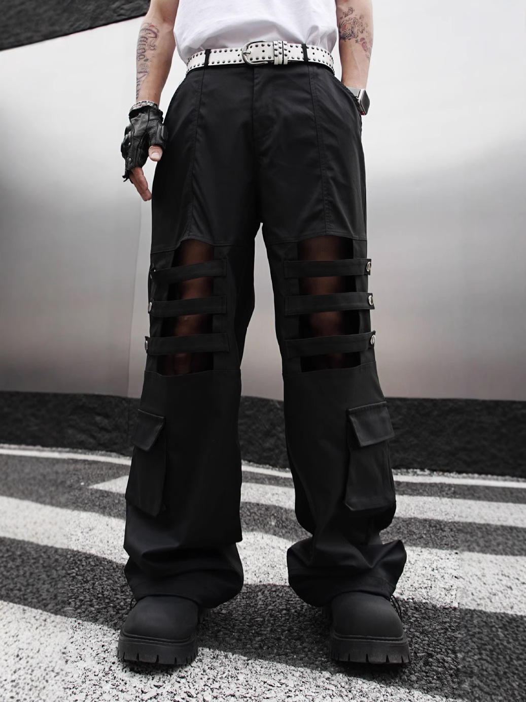 test_High Street Heavy Industry Overalls Men’s Ribbon Rivet Punk Waste Soil Dark Straight Wide-Leg Pants Function Pants