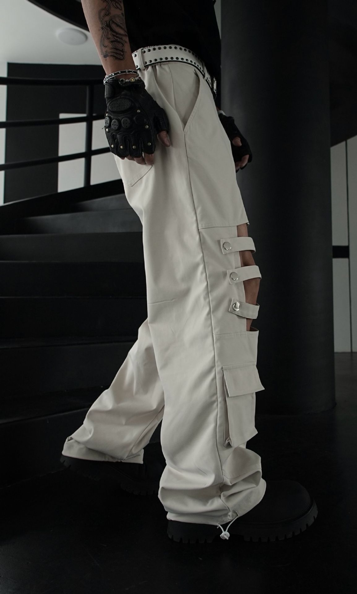 test_High Street Heavy Industry Overalls Men’s Ribbon Rivet Punk Waste Soil Dark Straight Wide-Leg Pants Function Pants