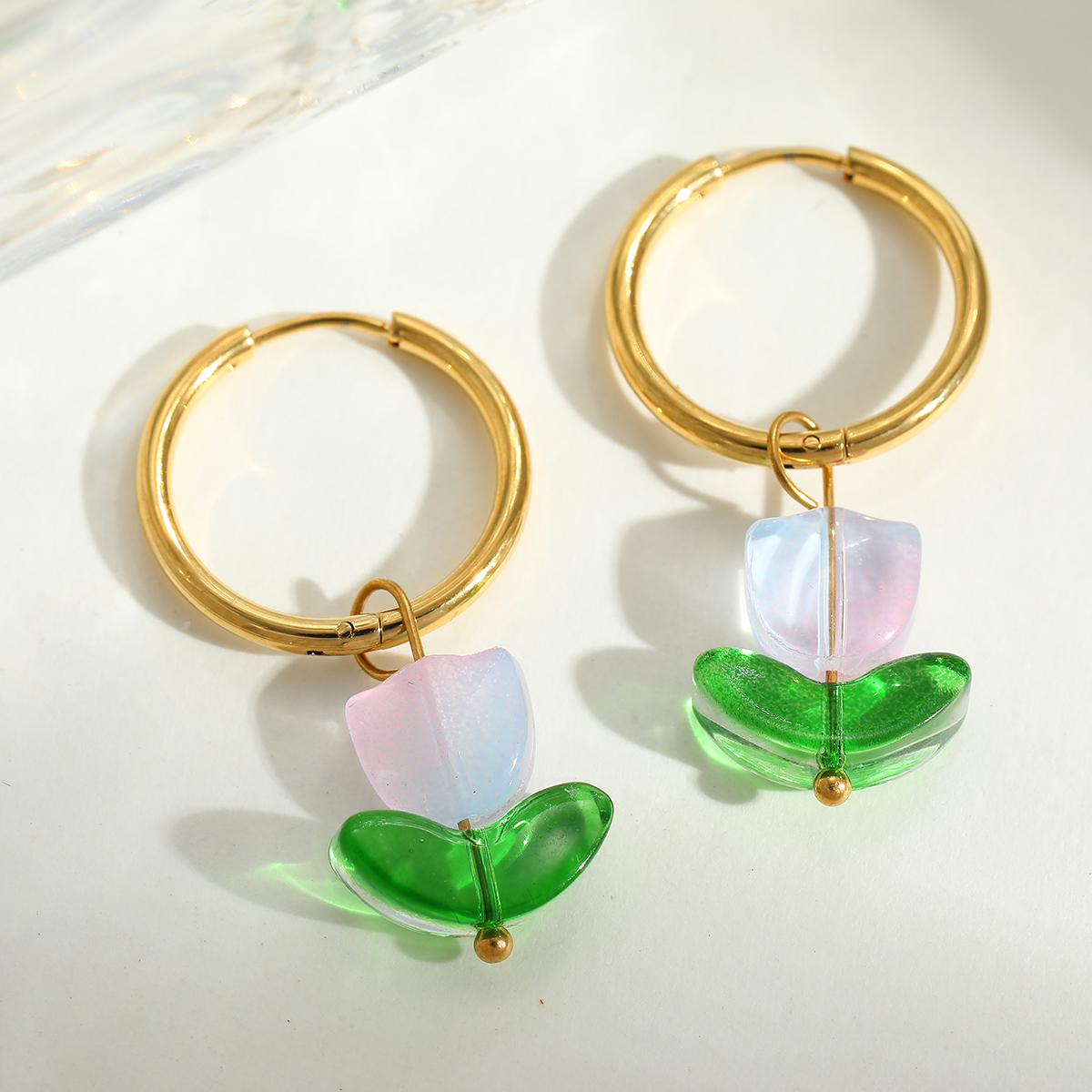 test_Ion Plating (IP) Real Gold Plated 18K Flower 304 Stainless Steel Glass Cute Romantic Artistic Waterproof Non Tarnish Charm Sleeper Hoop Earrings