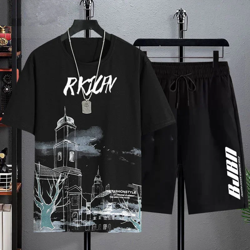 test_New Quick-Drying Ice Silk Gradient Suit Men’s Short-Sleeved T-shirt Summer Casual Shorts Sports Two-Piece Set Handsome Menswear