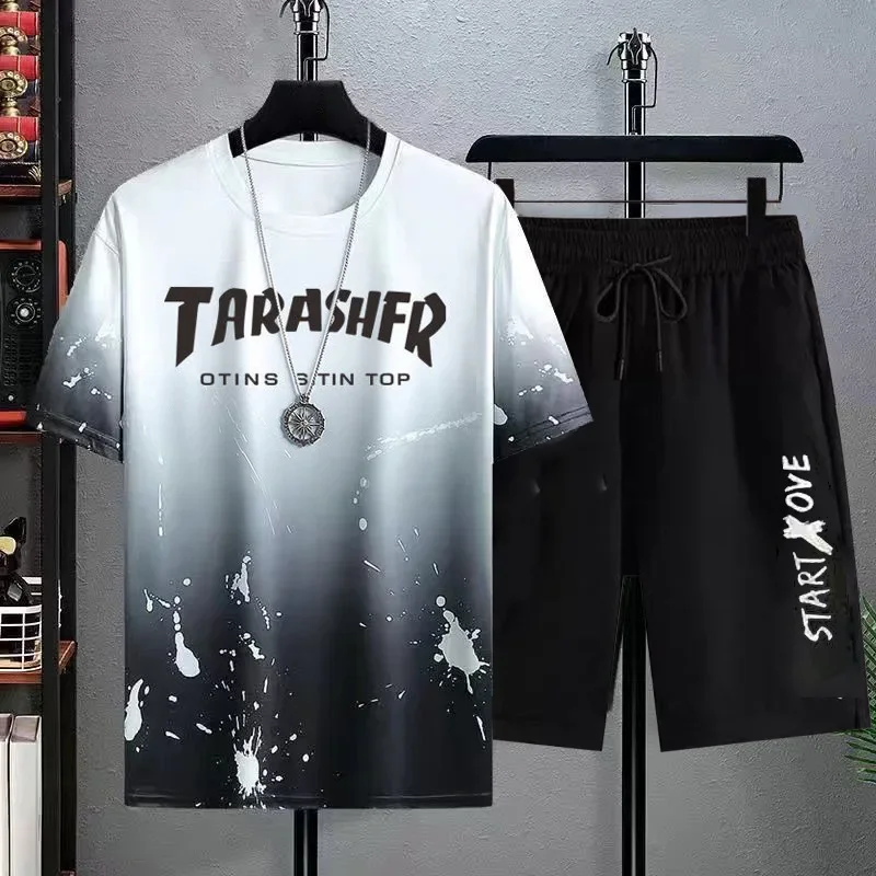 test_New Quick-Drying Ice Silk Gradient Suit Men’s Short-Sleeved T-shirt Summer Casual Shorts Sports Two-Piece Set Handsome Menswear