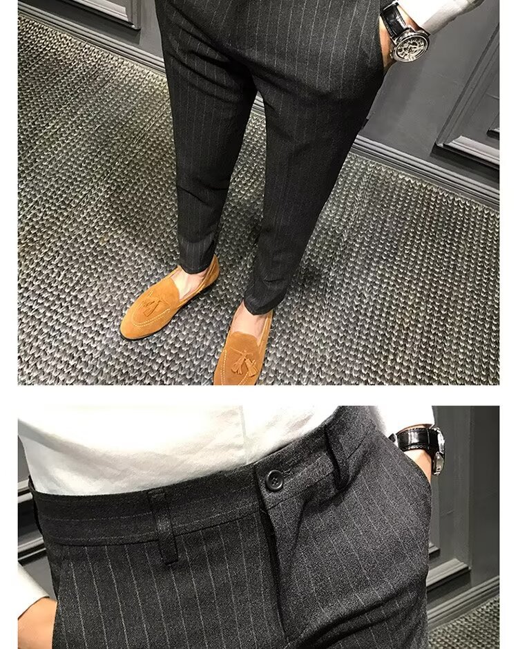 test_Striped Casual Ninth Suit Pants Men’s Slim-Fit Korean-Style Plaid Pants Men’s British Vertical Stripes Men’s Trousers Fashion