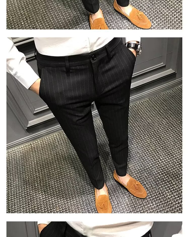 test_Striped Casual Ninth Suit Pants Men’s Slim-Fit Korean-Style Plaid Pants Men’s British Vertical Stripes Men’s Trousers Fashion