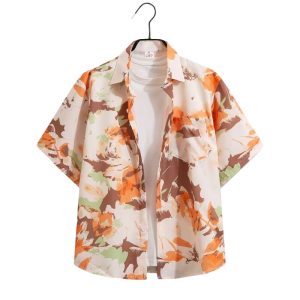 test_Ditsy Floral Hawaiian Short Sleeve Blouse In Polyester Fabric Featuring Printing Technique