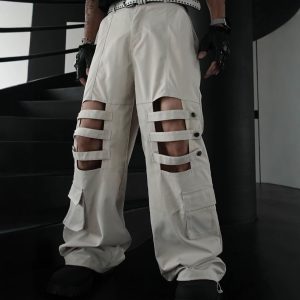 test_High Street Heavy Industry Overalls Men’s Ribbon Rivet Punk Waste Soil Dark Straight Wide-Leg Pants Function Pants