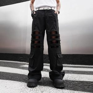 test_High Street Heavy Industry Overalls Men’s Ribbon Rivet Punk Waste Soil Dark Straight Wide-Leg Pants Function Pants