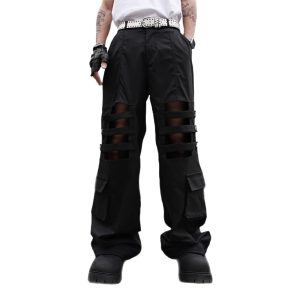 test_High Street Heavy Industry Overalls Men’s Ribbon Rivet Punk Waste Soil Dark Straight Wide-Leg Pants Function Pants