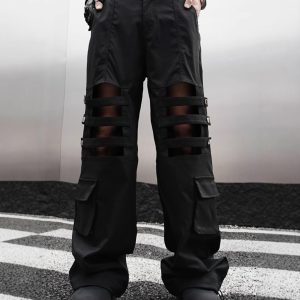 test_High Street Heavy Industry Overalls Men’s Ribbon Rivet Punk Waste Soil Dark Straight Wide-Leg Pants Function Pants