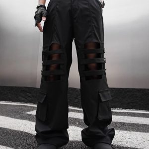 test_High Street Heavy Industry Overalls Men’s Ribbon Rivet Punk Waste Soil Dark Straight Wide-Leg Pants Function Pants