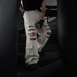 test_High Street Heavy Industry Overalls Men’s Ribbon Rivet Punk Waste Soil Dark Straight Wide-Leg Pants Function Pants