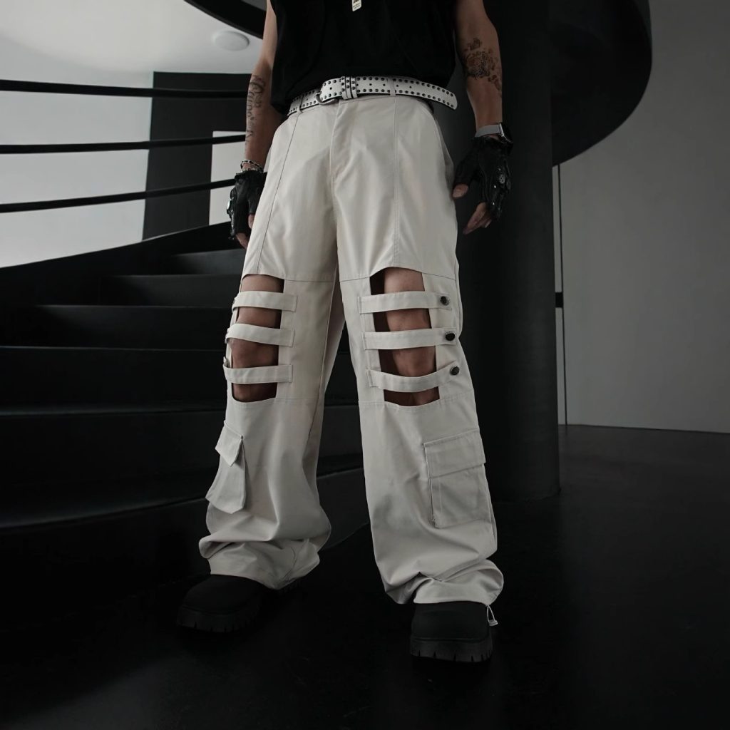 test_High Street Heavy Industry Overalls Men’s Ribbon Rivet Punk Waste Soil Dark Straight Wide-Leg Pants Function Pants