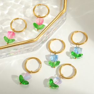 test_Ion Plating (IP) Real Gold Plated 18K Flower 304 Stainless Steel Glass Cute Romantic Artistic Waterproof Non Tarnish Charm Sleeper Hoop Earrings