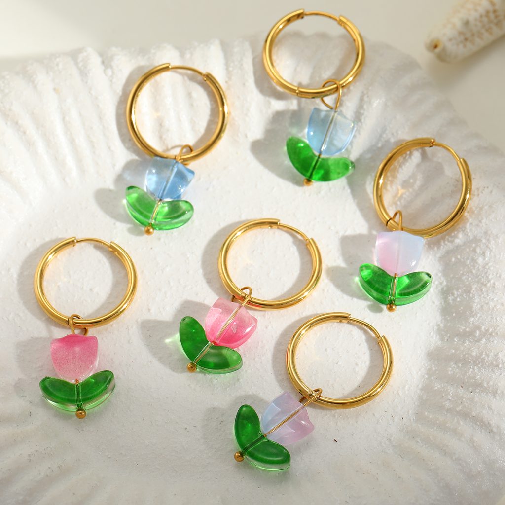 test_Ion Plating (IP) Real Gold Plated 18K Flower 304 Stainless Steel Glass Cute Romantic Artistic Waterproof Non Tarnish Charm Sleeper Hoop Earrings