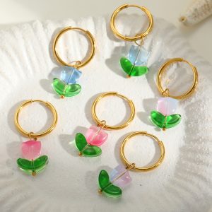 test_Ion Plating (IP) Real Gold Plated 18K Flower 304 Stainless Steel Glass Cute Romantic Artistic Waterproof Non Tarnish Charm Sleeper Hoop Earrings