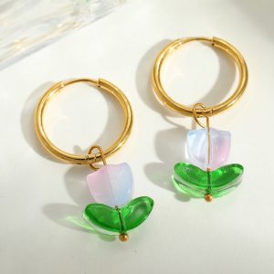 test_Ion Plating (IP) Real Gold Plated 18K Flower 304 Stainless Steel Glass Cute Romantic Artistic Waterproof Non Tarnish Charm Sleeper Hoop Earrings