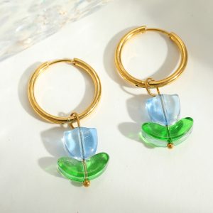 test_Ion Plating (IP) Real Gold Plated 18K Flower 304 Stainless Steel Glass Cute Romantic Artistic Waterproof Non Tarnish Charm Sleeper Hoop Earrings