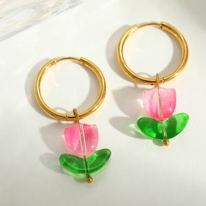 test_Ion Plating (IP) Real Gold Plated 18K Flower 304 Stainless Steel Glass Cute Romantic Artistic Waterproof Non Tarnish Charm Sleeper Hoop Earrings