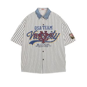 test_Jiayiku Men’s  Summer Shirt New American Style Antique Fashion Brand Striped Baseball Shirt Short Sleeve For Men And Women