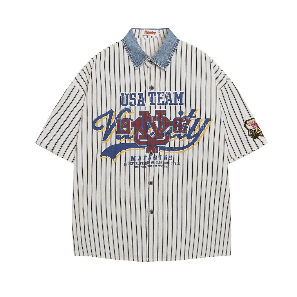 test_Jiayiku Men’s  Summer Shirt New American Style Antique Fashion Brand Striped Baseball Shirt Short Sleeve For Men And Women