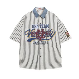 test_Jiayiku Men’s Summer Shirt New American Style Antique Fashion Brand Striped Baseball Shirt Short Sleeve For Men And Women
