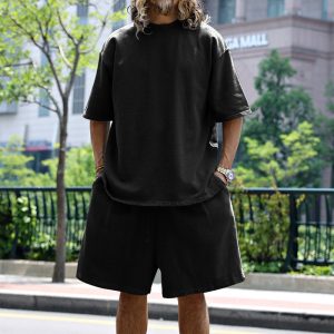 test_Men’s Solid Color Hip-Hop Round Neck Short Sleeve Regular Fit Men’s Sets