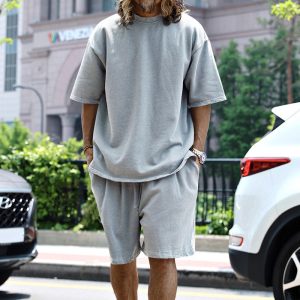 test_Men’s Solid Color Hip-Hop Round Neck Short Sleeve Regular Fit Men’s Sets