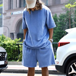 test_Men’s Solid Color Hip-Hop Round Neck Short Sleeve Regular Fit Men’s Sets