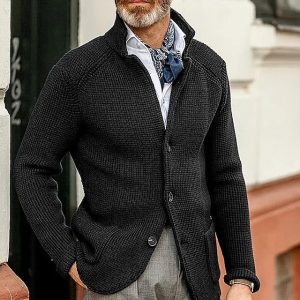 test_Men’s Solid Color Simple Style Standing Collar Long Sleeve Slim Men’s Tops