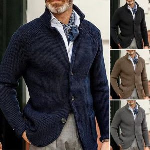 test_Men’s Solid Color Simple Style Standing Collar Long Sleeve Slim Men’s Tops