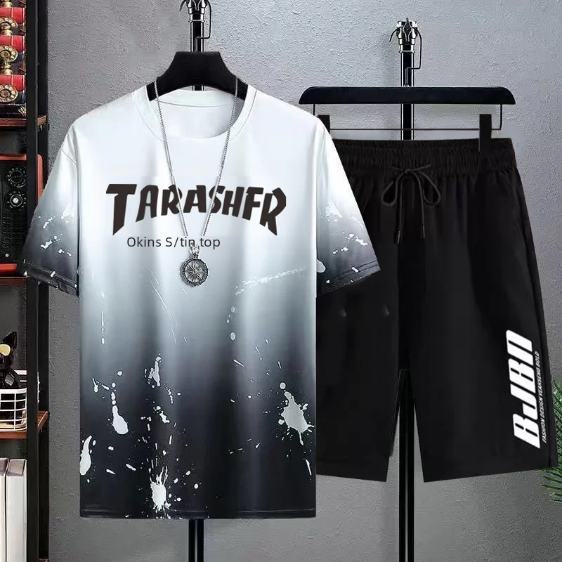 test_New Quick-Drying Ice Silk Gradient Suit Men’s Short-Sleeved T-shirt Summer Casual Shorts Sports Two-Piece Set Handsome Menswear