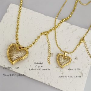 test_Retro Classic Style Letter Heart Shape Copper Inlay Zircon 18K Gold Plated Women’s Pendant Necklace
