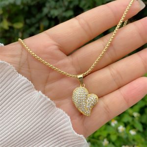 test_Retro Classic Style Letter Heart Shape Copper Inlay Zircon 18K Gold Plated Women’s Pendant Necklace