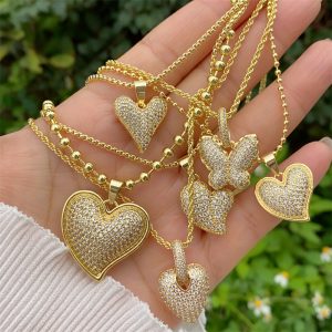test_Retro Classic Style Letter Heart Shape Copper Inlay Zircon 18K Gold Plated Women’s Pendant Necklace