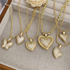 test_Retro Classic Style Letter Heart Shape Copper Inlay Zircon 18K Gold Plated Women’s Pendant Necklace