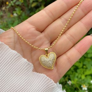 test_Retro Classic Style Letter Heart Shape Copper Inlay Zircon 18K Gold Plated Women’s Pendant Necklace