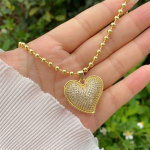test_Retro Classic Style Letter Heart Shape Copper Inlay Zircon 18K Gold Plated Women’s Pendant Necklace
